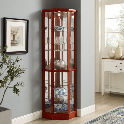 6 Shelf Lighted Corner Curio Cabinet With Adjustable Tempered Glass Shelves And Mirror Back (E26 Light Bulb Not Included) - Cherry