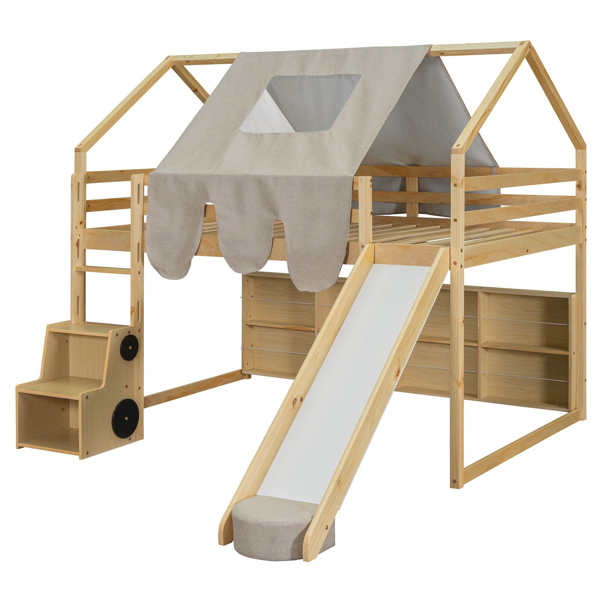 Full Size Loft Bed House Shaped Frame With Tent - Natural / Beige