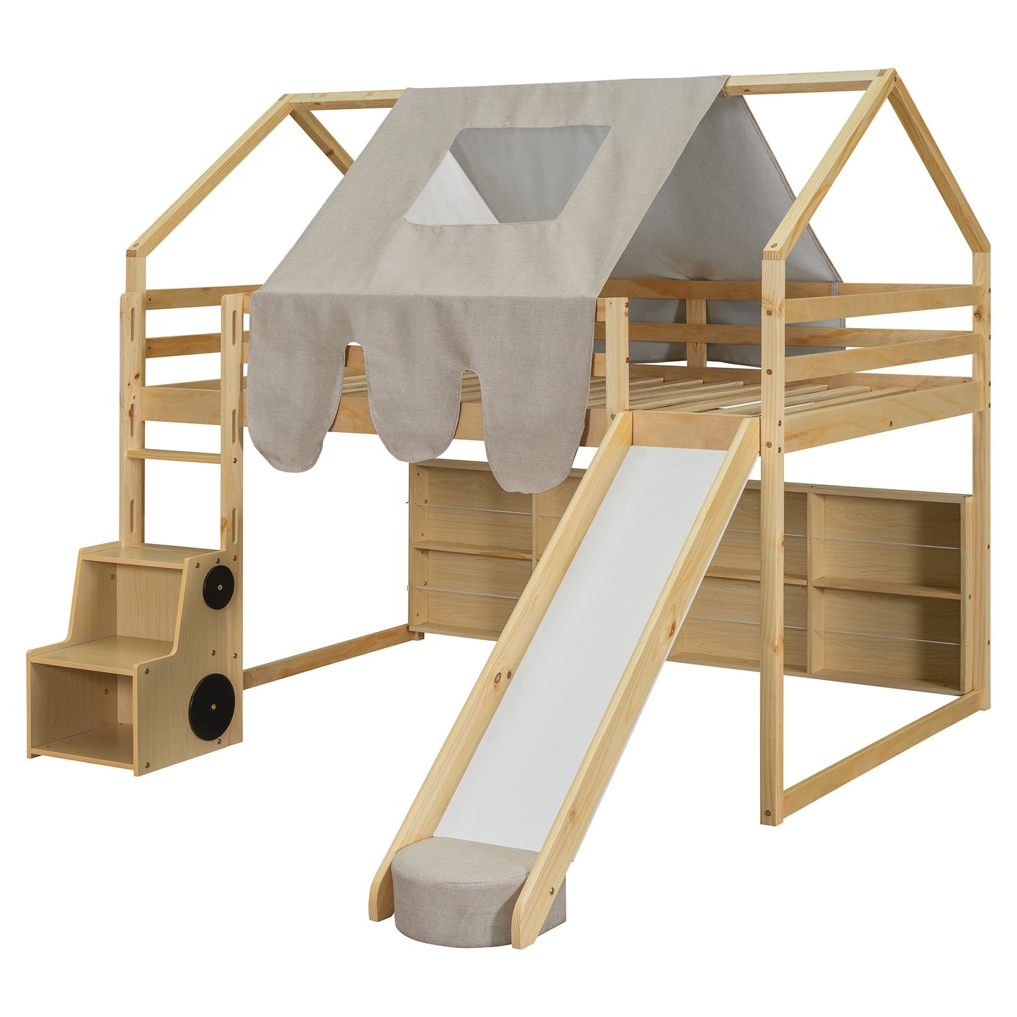 Full Size Loft Bed House Shaped Frame With Tent - Natural / Beige