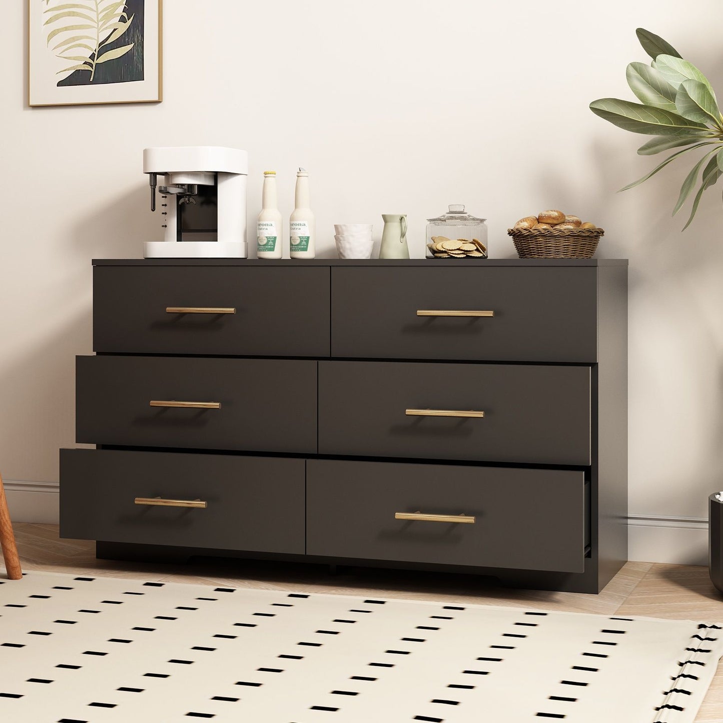 Large 6 Drawers Chest Of Drawer Dressers Table With Golden Handle - Black