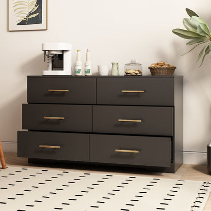 Large 6 Drawers Chest Of Drawer Dressers Table With Golden Handle - Black