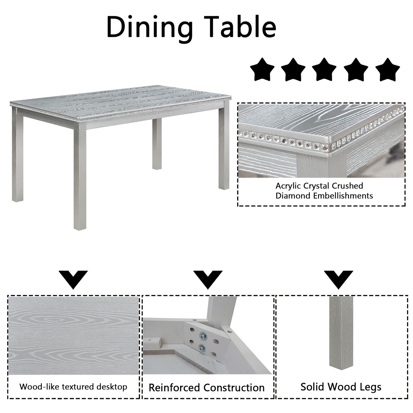 6 Piece Wooden Dining Table Set, Wooden Dining Table With 4 Upholstered Chairs And Bench For 6 People, Rectangular Dining Table Set With Crystal Decoration For Kitchen, Dining Room - Silver Gray