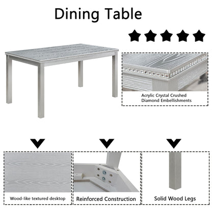 6 Piece Wooden Dining Table Set, Wooden Dining Table With 4 Upholstered Chairs And Bench For 6 People, Rectangular Dining Table Set With Crystal Decoration For Kitchen, Dining Room - Silver Gray