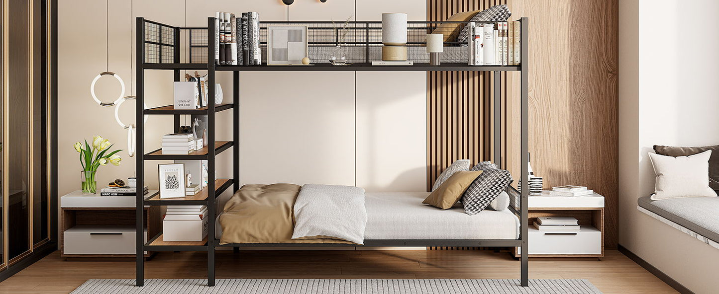 Twin Over Full Bunk Bed With 5 Tier Shelves - Black