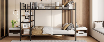 Twin Over Full Bunk Bed With 5 Tier Shelves - Black