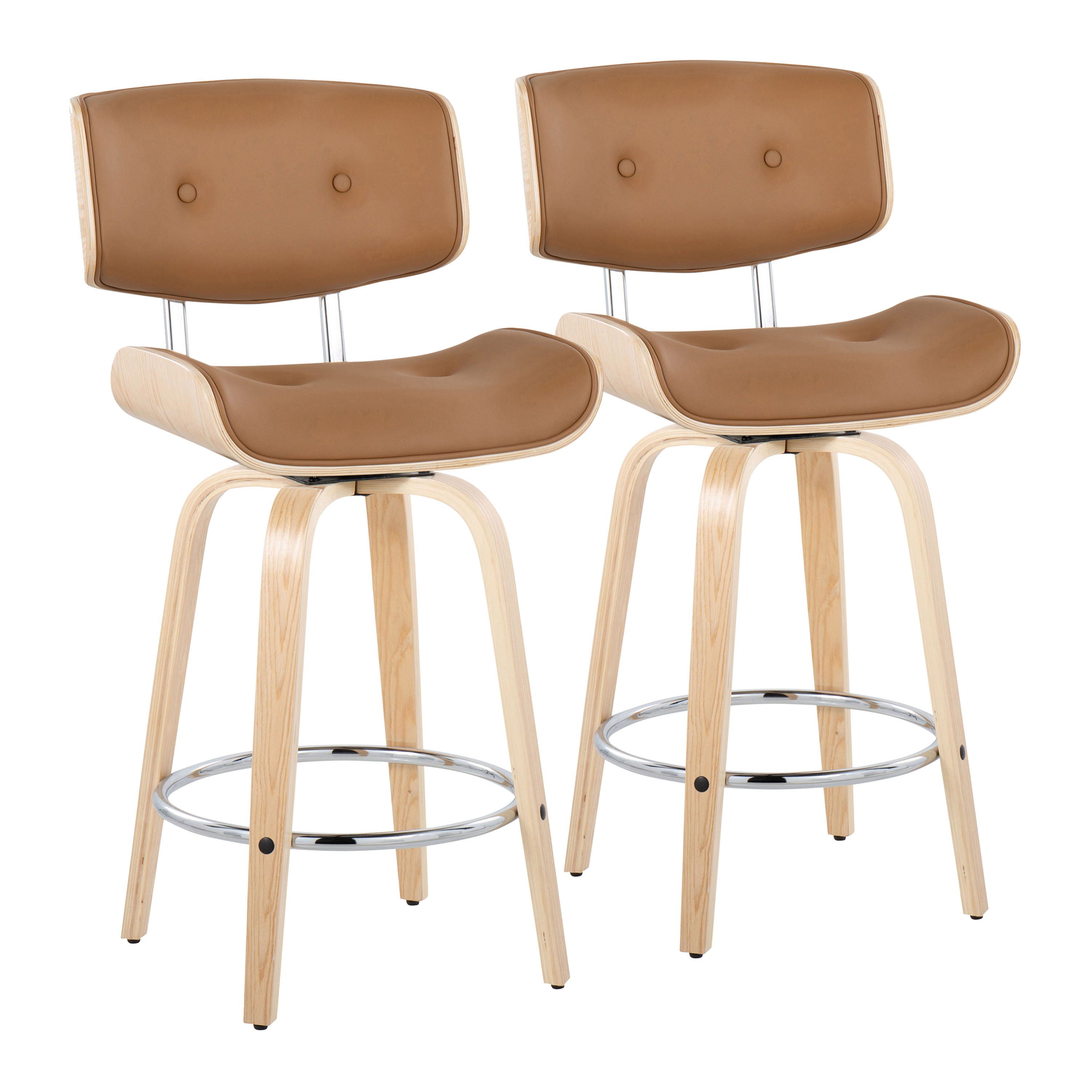 Lombardi - Mid-Century Modern Fixed Height Counter Stool With Swivel With Round Footrest (Set of 2) - Natural / Camel