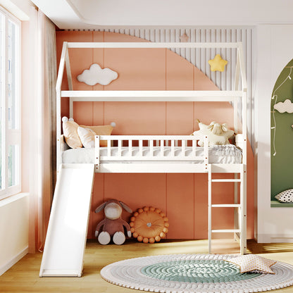 Twin House Loft Bed With Slide - White