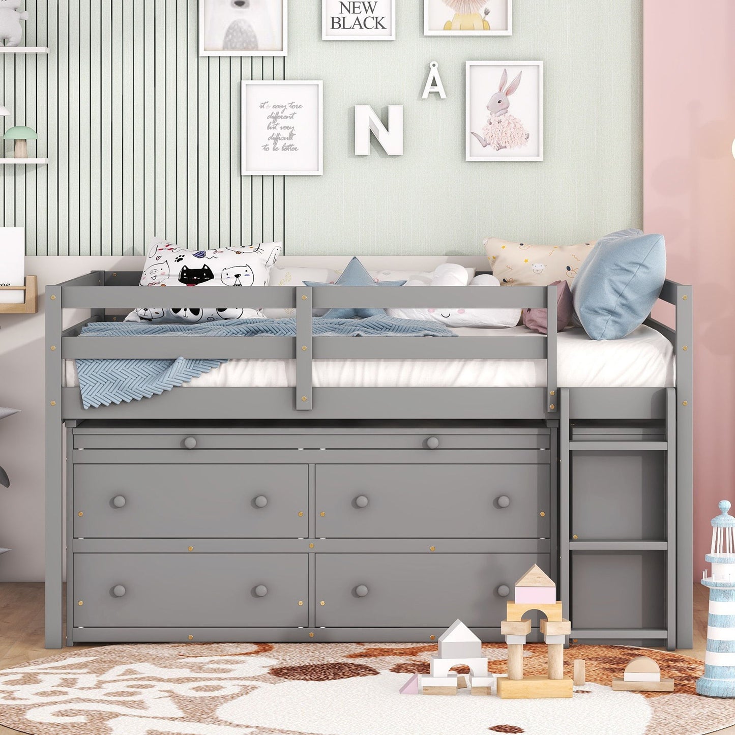 Full Size Loft Bed With Retractable Writing Desk And 4 Drawers, With Lateral Portable Desk And Shelves - Gray