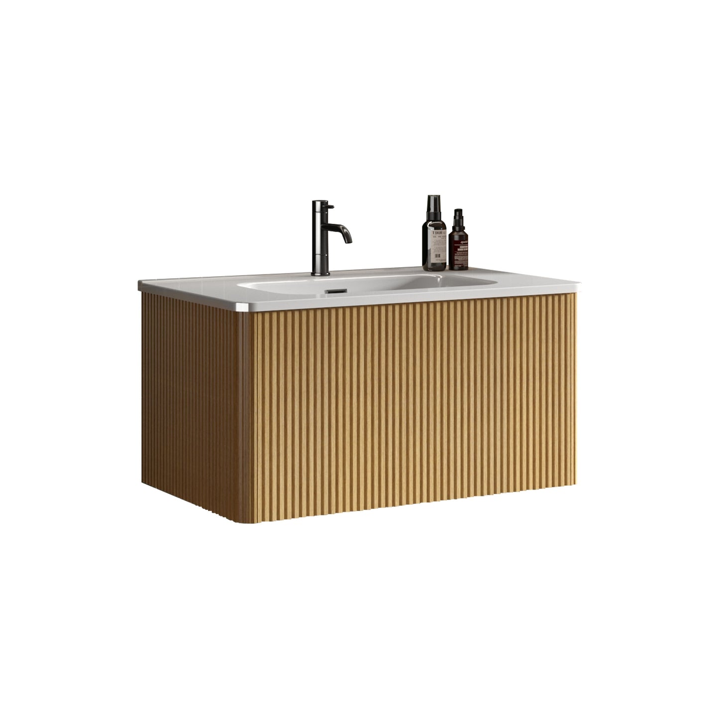 Etna - Striped Natural Oak Bathroom Vanity With White Ceramic Sink, Wall Mounted Floating Bathroom Vanity For Modern Bathroom, One-Piece White Basin Without Drain - White / Oak
