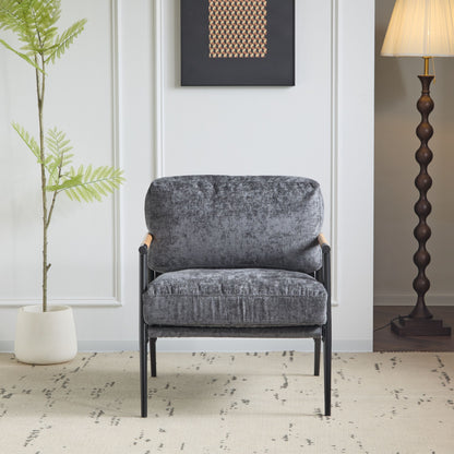 Modern Accent Chair With Plush Cushions, Minimalist Metal Frame, Wooden Armrest - Gray