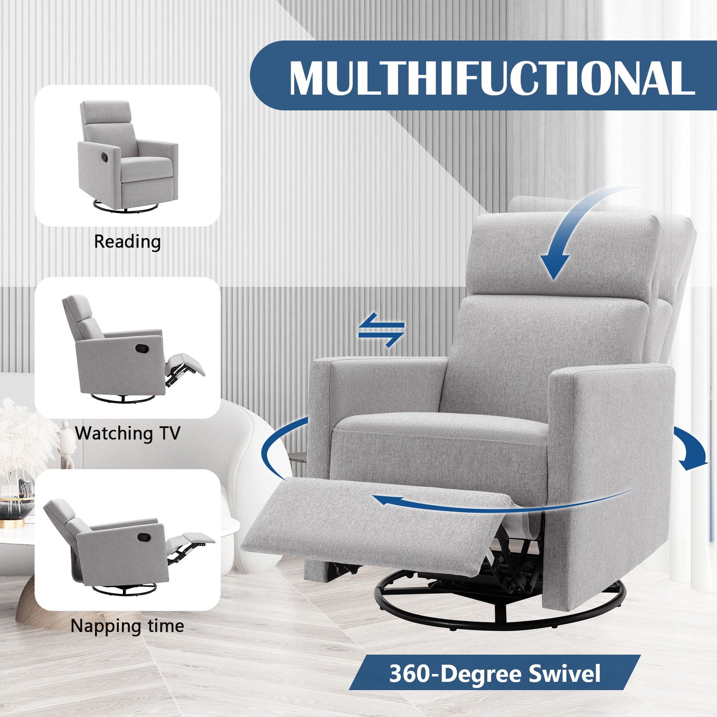 Modern Upholstered Rocker Nursery Chair Plush Seating Glider Swivel Recliner Chair - Gray
