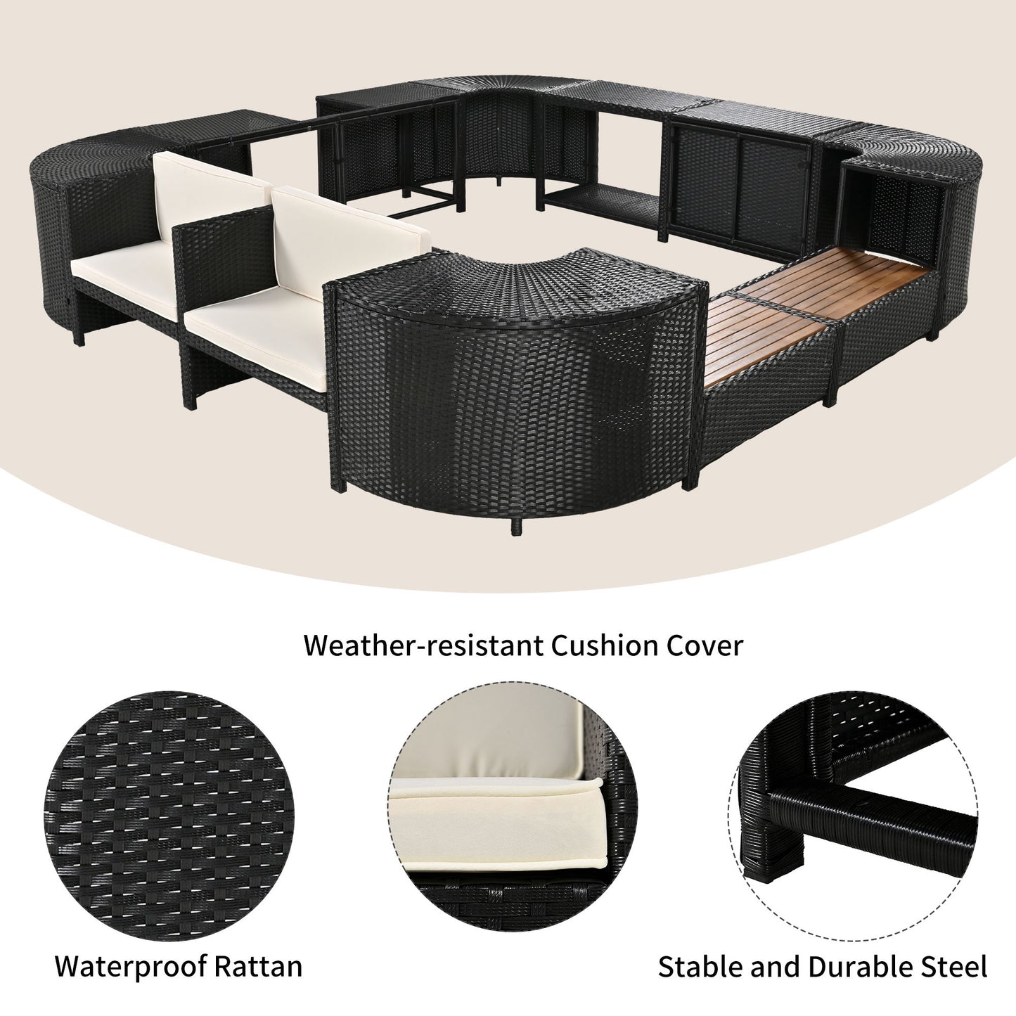 Spa Surround Spa Frame Quadrilateral Outdoor Rattan Sectional Sofa Set With Mini Sofa, Wooden Seats And Storage Spaces - Beige