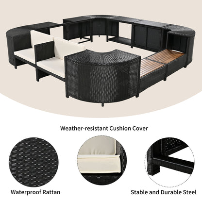 Spa Surround Spa Frame Quadrilateral Outdoor Rattan Sectional Sofa Set With Mini Sofa, Wooden Seats And Storage Spaces - Beige