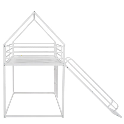 Twin Over Twin House Bunk Bed With Ladder And Slide - White