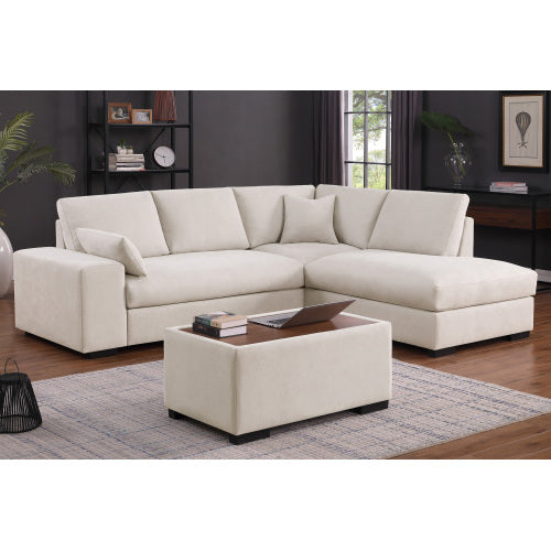 Joshua - Woven Fabric Sectional Sofa With Right Facing Chaise and Console Ottoman - Beige