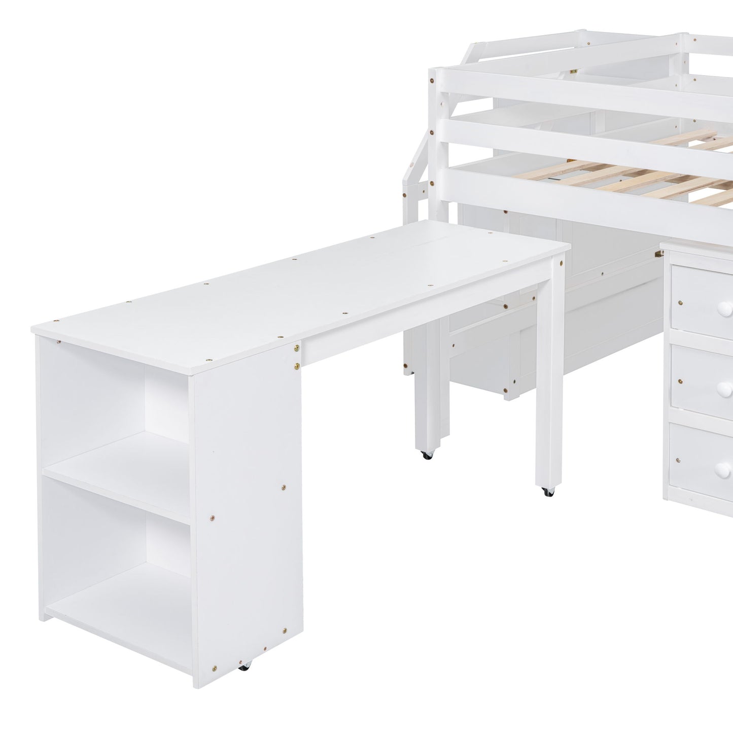 Full Size Loft Bed With Retractable Writing Desk And 3 Drawers With Storage Stairs And Shelves - White