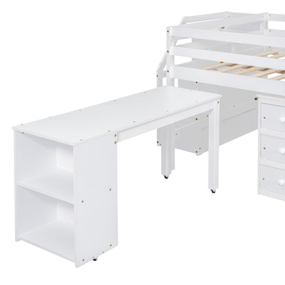 Full Size Loft Bed With Retractable Writing Desk And 3 Drawers With Storage Stairs And Shelves - White