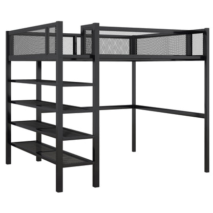 Full Size Loft Bed With 4 Tier Shelves And Storage - Black