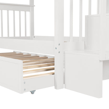 Twin Over Twin Stairway Bunk Bed With Twin Size Trundle For Bedroom - White