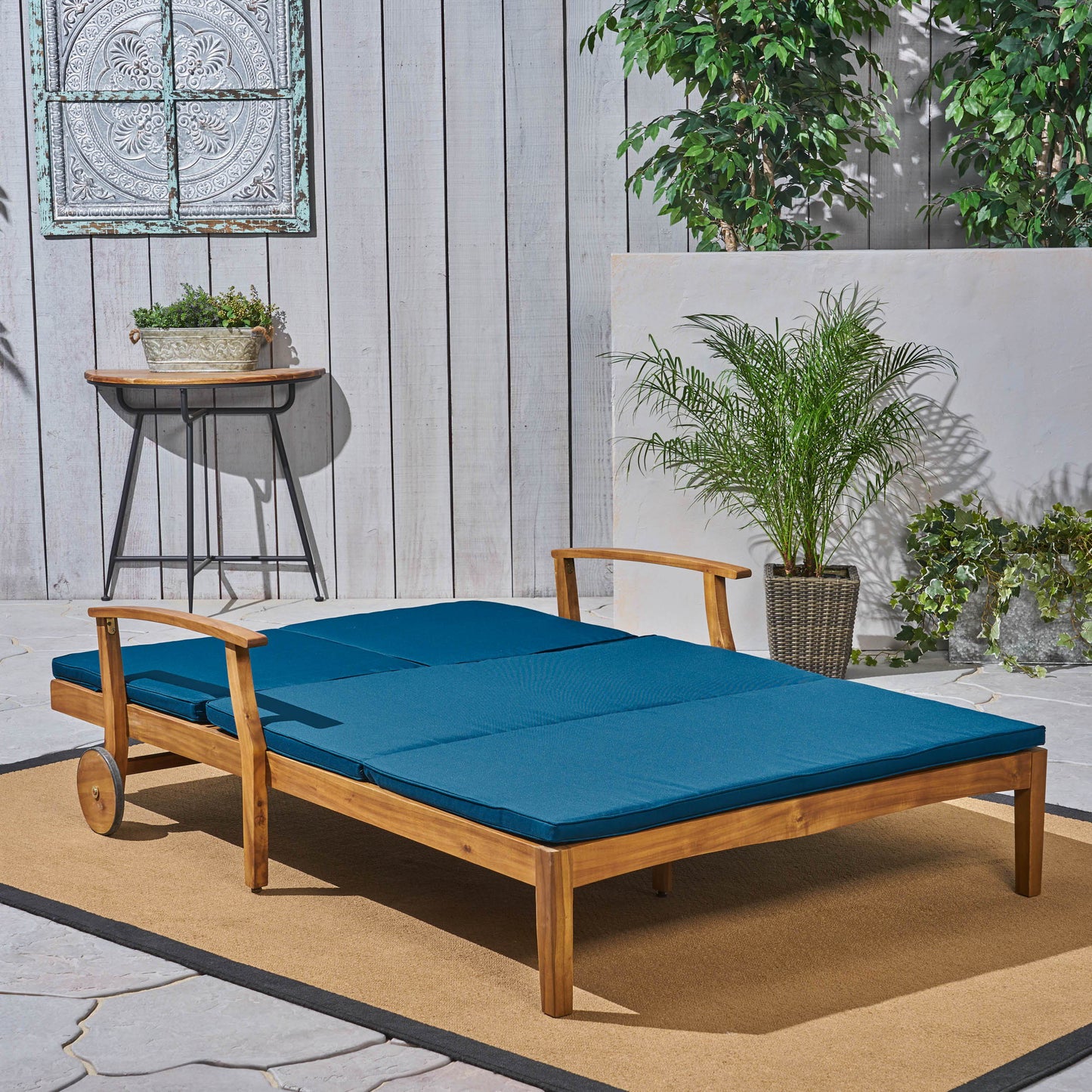 Etherealize - Outdoor Adjustable Double Chaise Lounge With Water Resistant Cushions - Teak / Blue