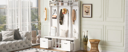 5 In 1 Entryway Bench With Coat Rack, 7 Sturdy Hooks, 2 Spacious Drawers And Adjustable Shelves, Wide Hall Tree With Metal Handles For Hallway - White