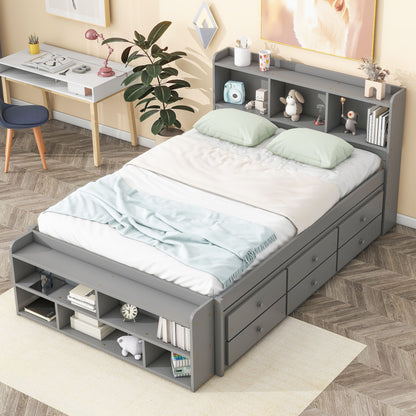 Full Bed With Bookcase Headboard, Under Bed Storage Drawers And Bed End Storage Case - Gray