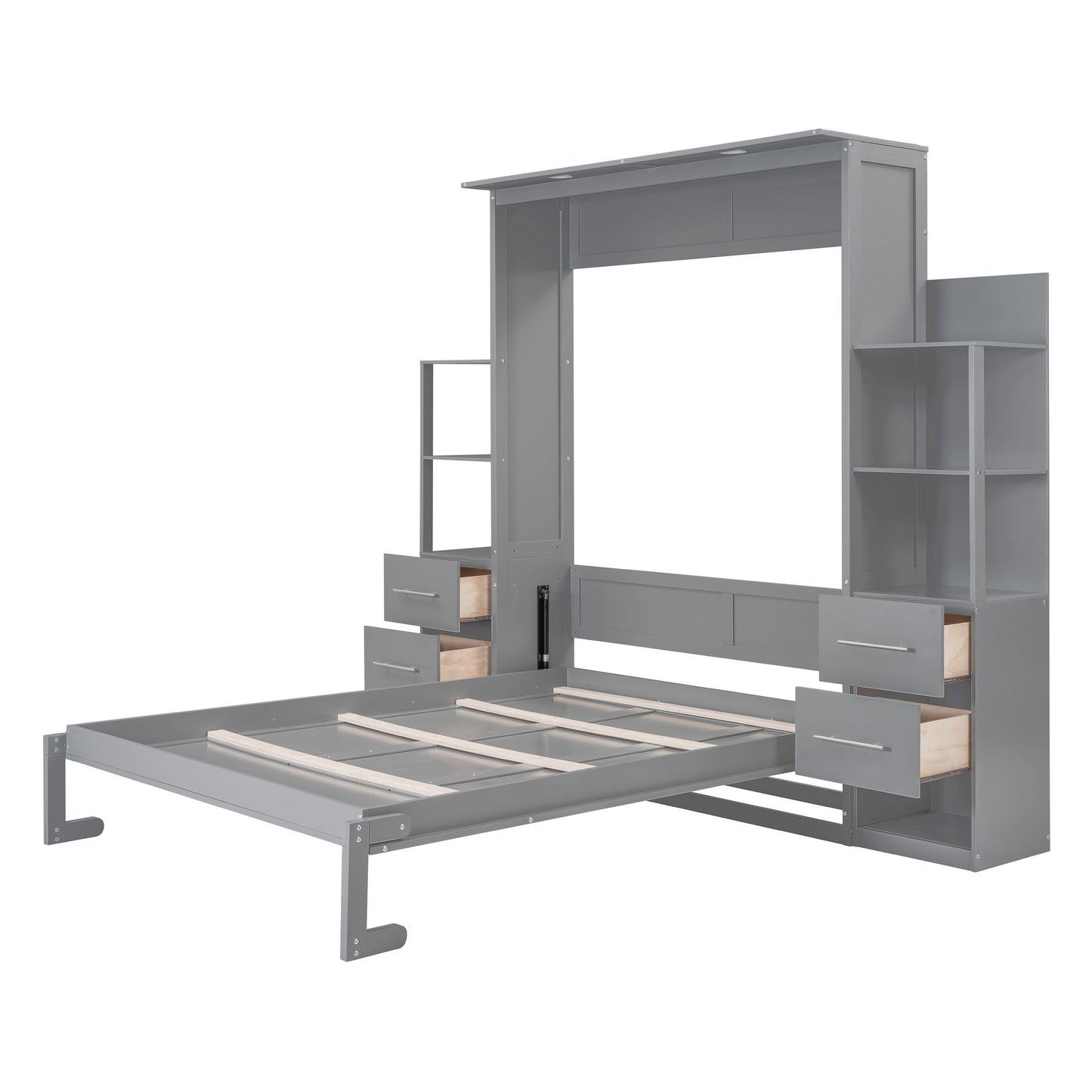 Queen Size Murphy Wall Bed With Shelves, Drawers And LED Lights - Gray