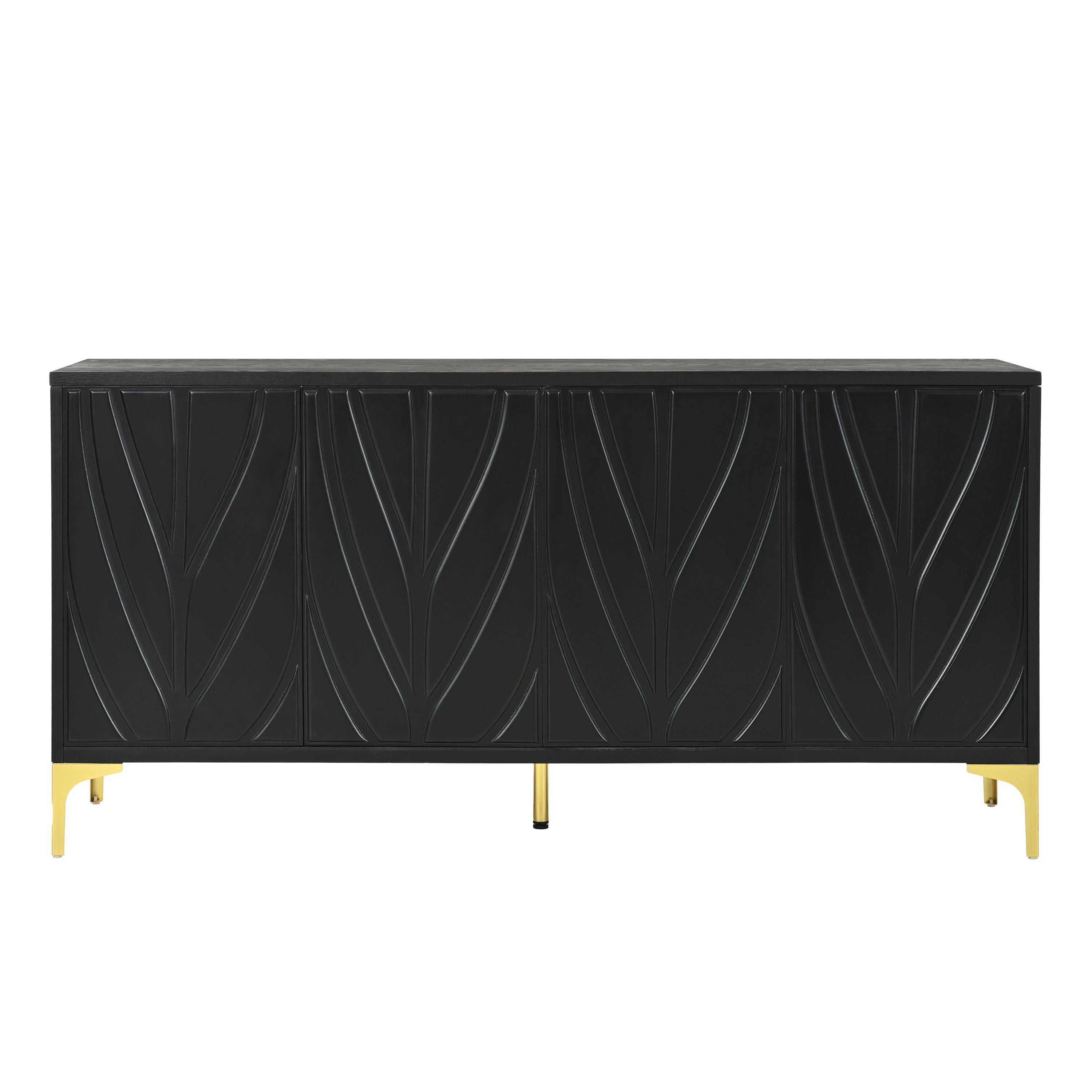 Modern Sideboard Buffet Cabinet With Handleless Press To Open Design, Carved Credenza Storage Cabinet With 4 Doors Construction - Black