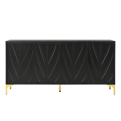 Modern Sideboard Buffet Cabinet With Handleless Press To Open Design, Carved Credenza Storage Cabinet With 4 Doors Construction - Black