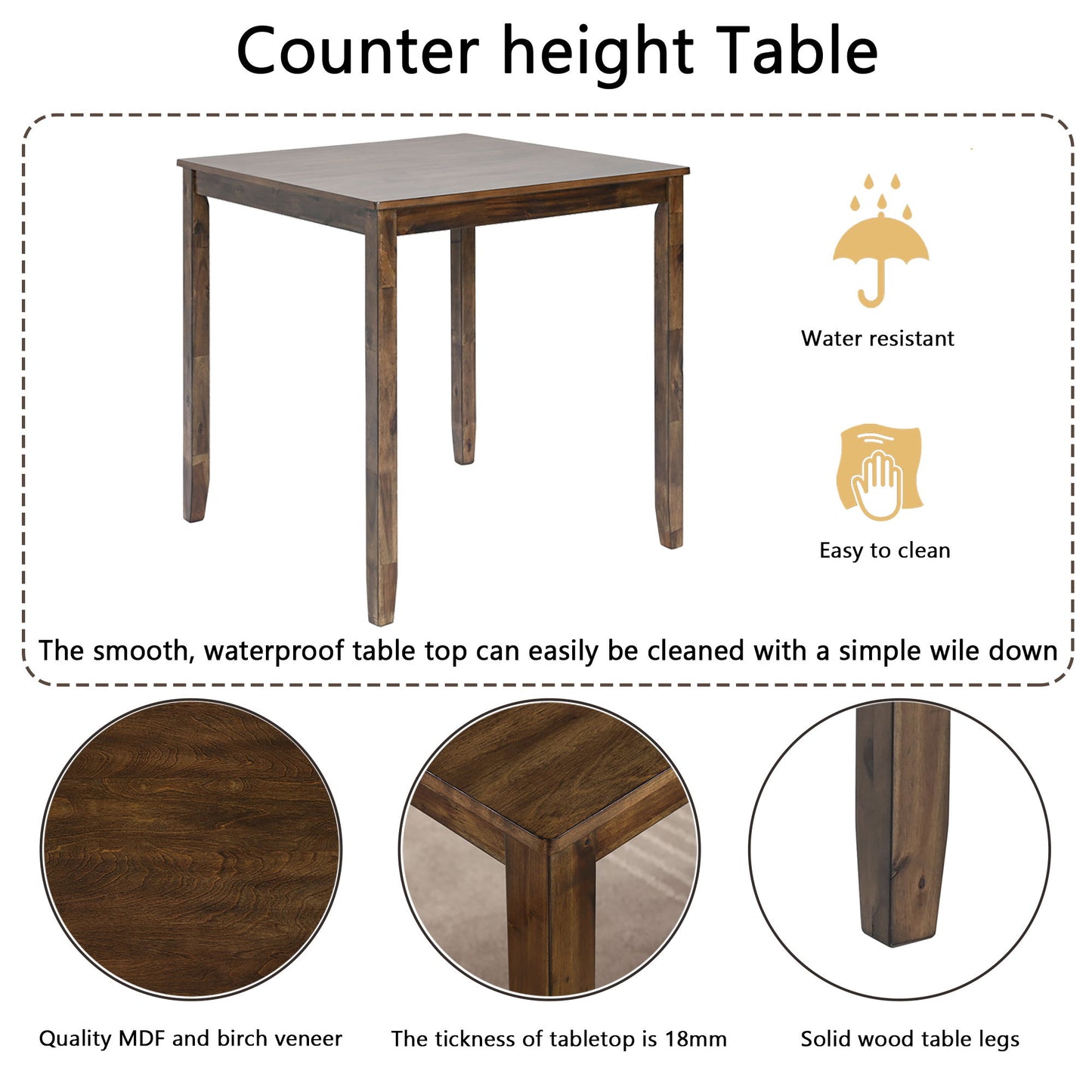 5 Piece Dining Table Set, Wooden Dining Square Table Set For 4, Counter Height Kitchen Table Set With Square Table And 4 Upholstered Chairs For Small Space - Walnut