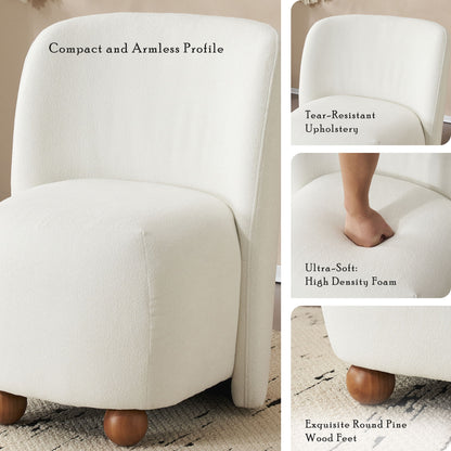 Modern Low Back Accent Chair, Upholstered Armless Living Room Chairs, Round Pine Wood Feet, For Small Living Spaces, Living Room - White