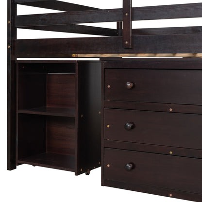 Full Loft Low Study Bed With Cabinet, Shelves And Rolling Portable Desk, Multiple Functions - Espresso
