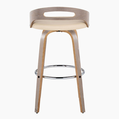 Cassis - Mid-Century Modern Fixed Height Barstool With Swivel With Round Footrest (Set of 2) - Light Gray / Cream
