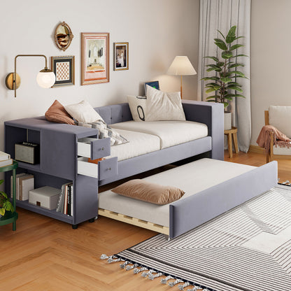 Twin Upholstered Bed With Storage And Twin Trundle, USB Charging Ports - Gray