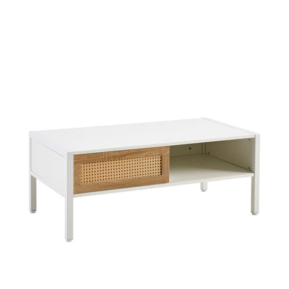 40.16" Rattan Coffee Table, Sliding Door For Storage, Metal Legs, Modern Table For Living Room - White