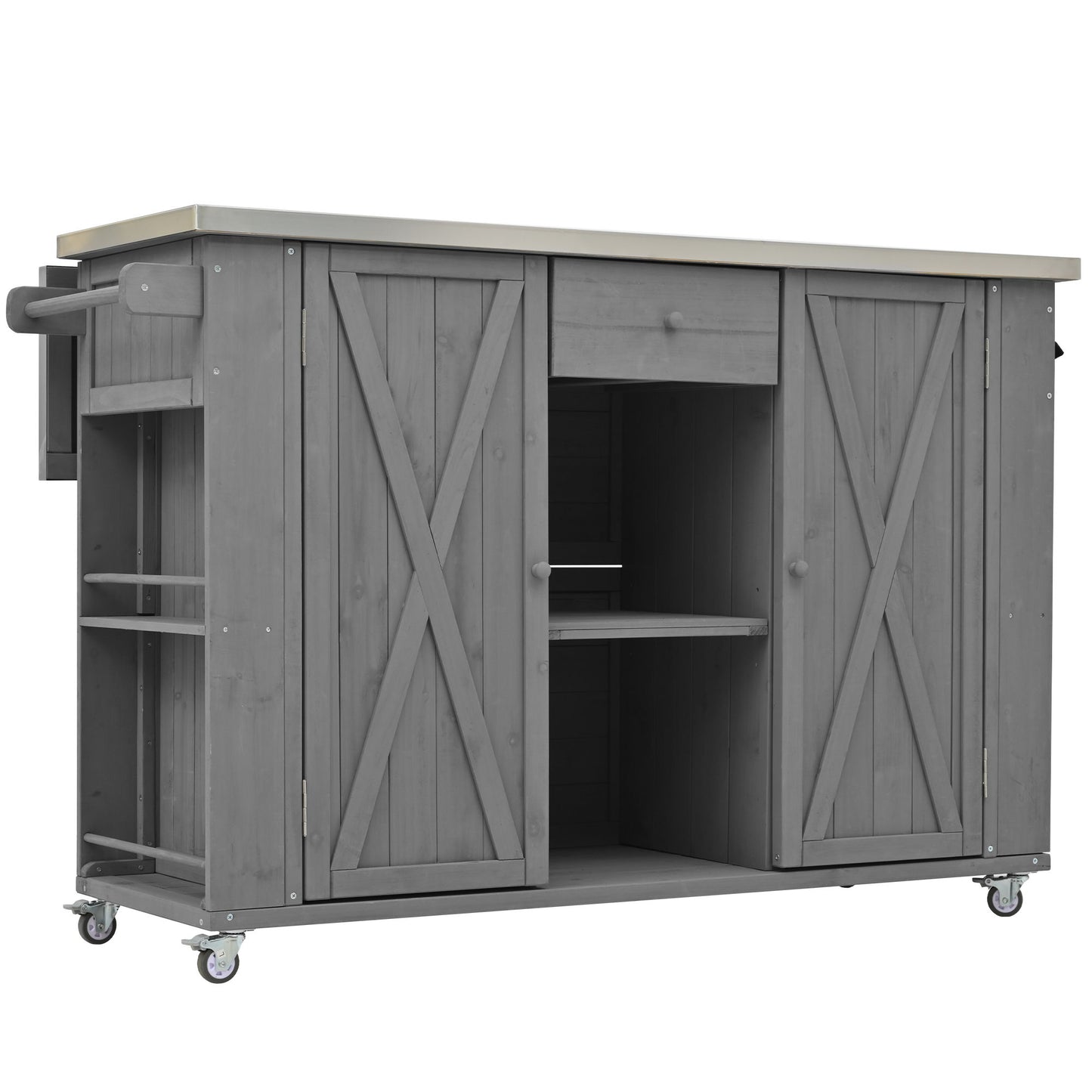 Outdoor Kitchen Island Fir Wood Kitchen Island With Stainless Steel Top, Ample Storage Space, Towel And Spice Racks And A Bottle Opener For Outdoor - Gray