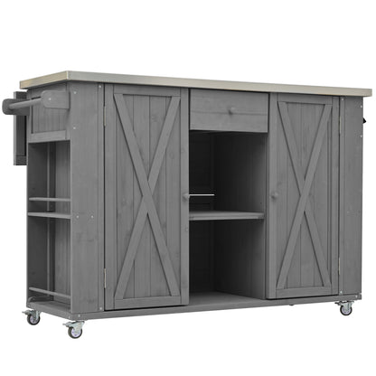 Outdoor Kitchen Island Fir Wood Kitchen Island With Stainless Steel Top, Ample Storage Space, Towel And Spice Racks And A Bottle Opener For Outdoor - Gray