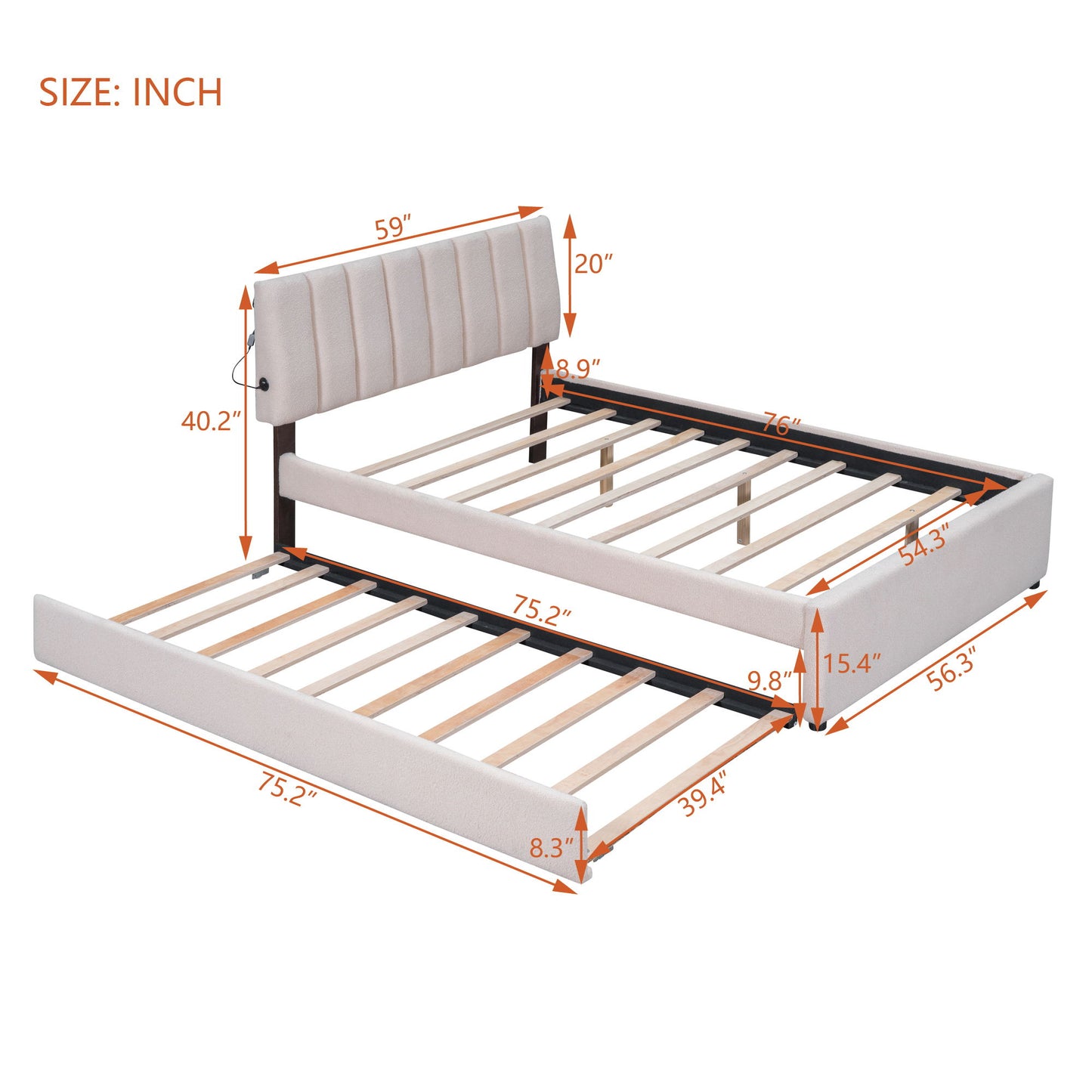 Full Size Upholstered Platform Bed With Twin Size Trundle - Beige