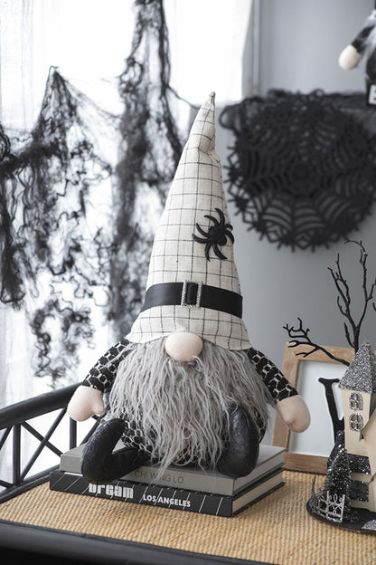 Sitting Gnome With Hat Spider, For Halloween Decor - Black White