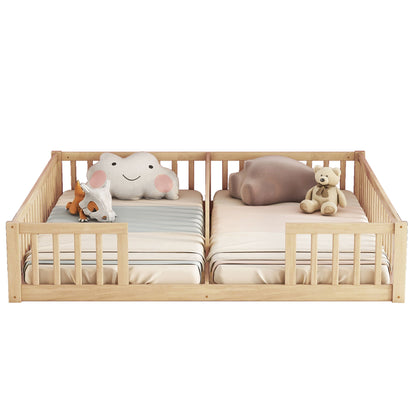Double Twin Floor Bed With Fence, Guardrails, Without Door - Natural