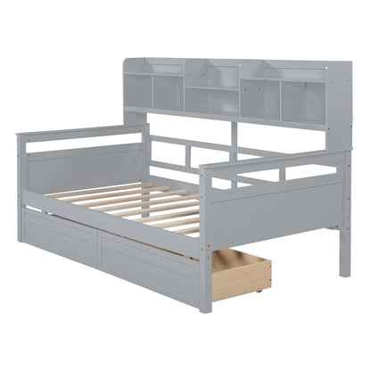 Twin Size Daybed, Slat Support, With Bedside Shelves And 2 Drawers - Gray