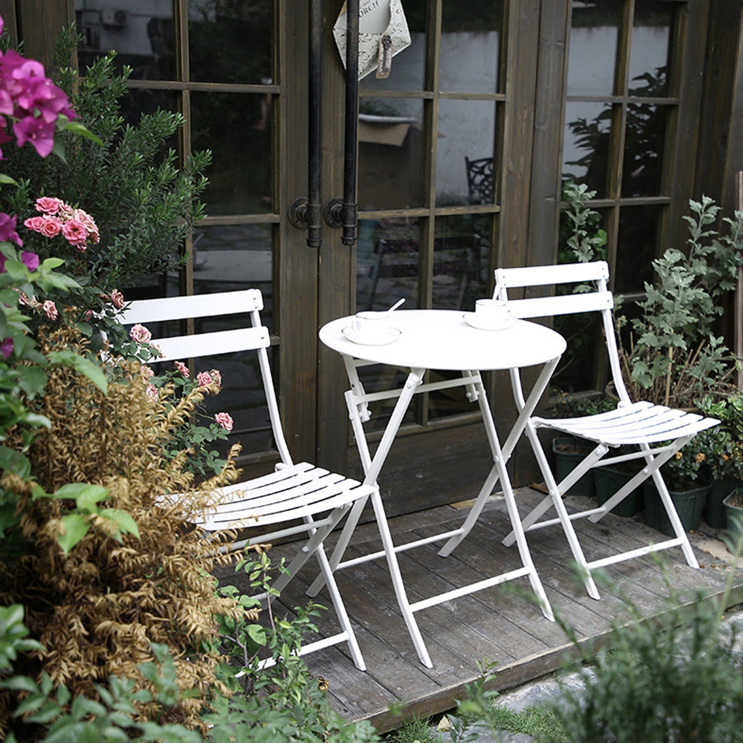 3 Piece Patio Bistro Set Of Foldable Round Table And Chairs - White