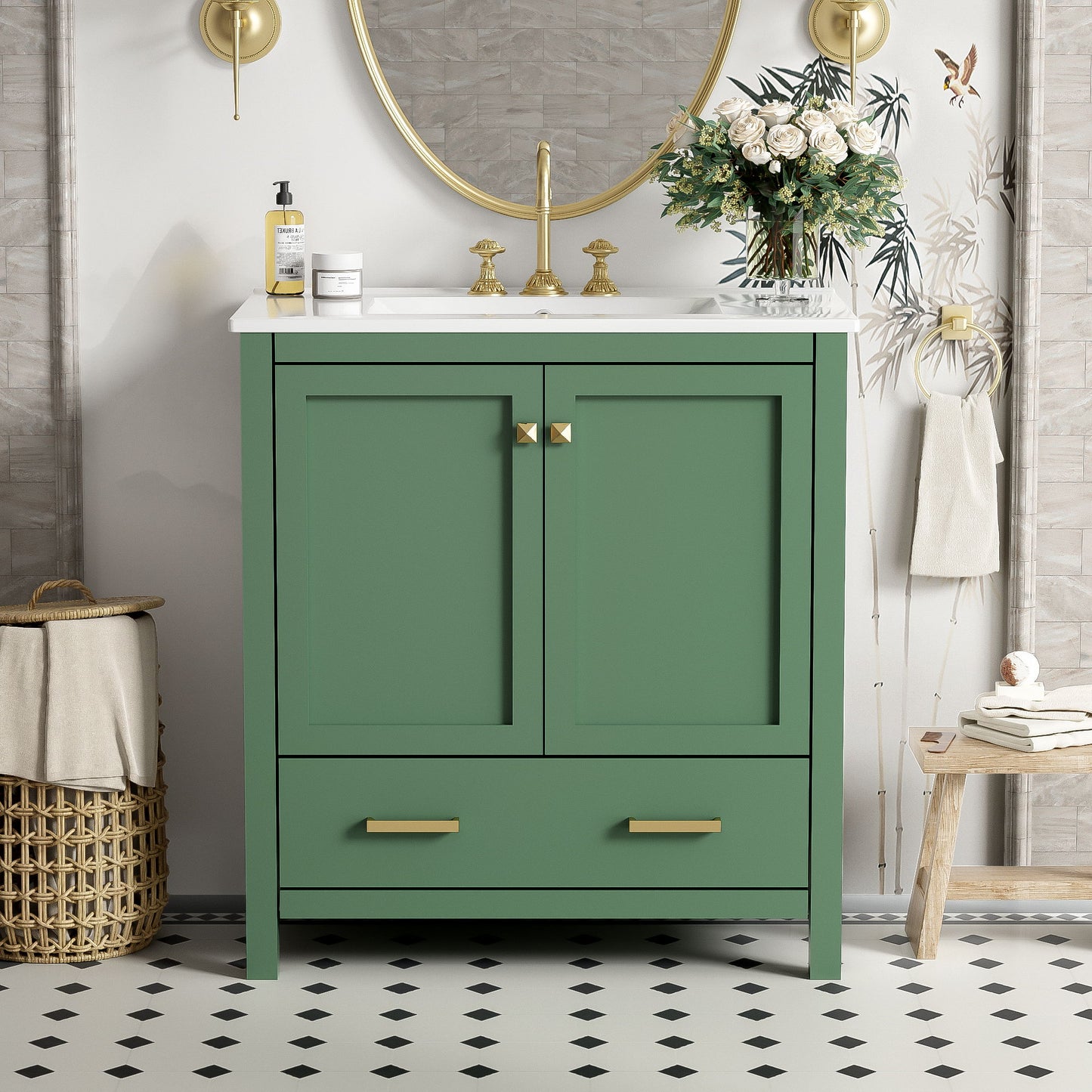 Bathroom Vanity With Single Sink, Combination Under Counter Sink, Bathroom Storage Cabinet With 2 Doors And A Drawer, Soft Closure, Multifunctional Storage - Green