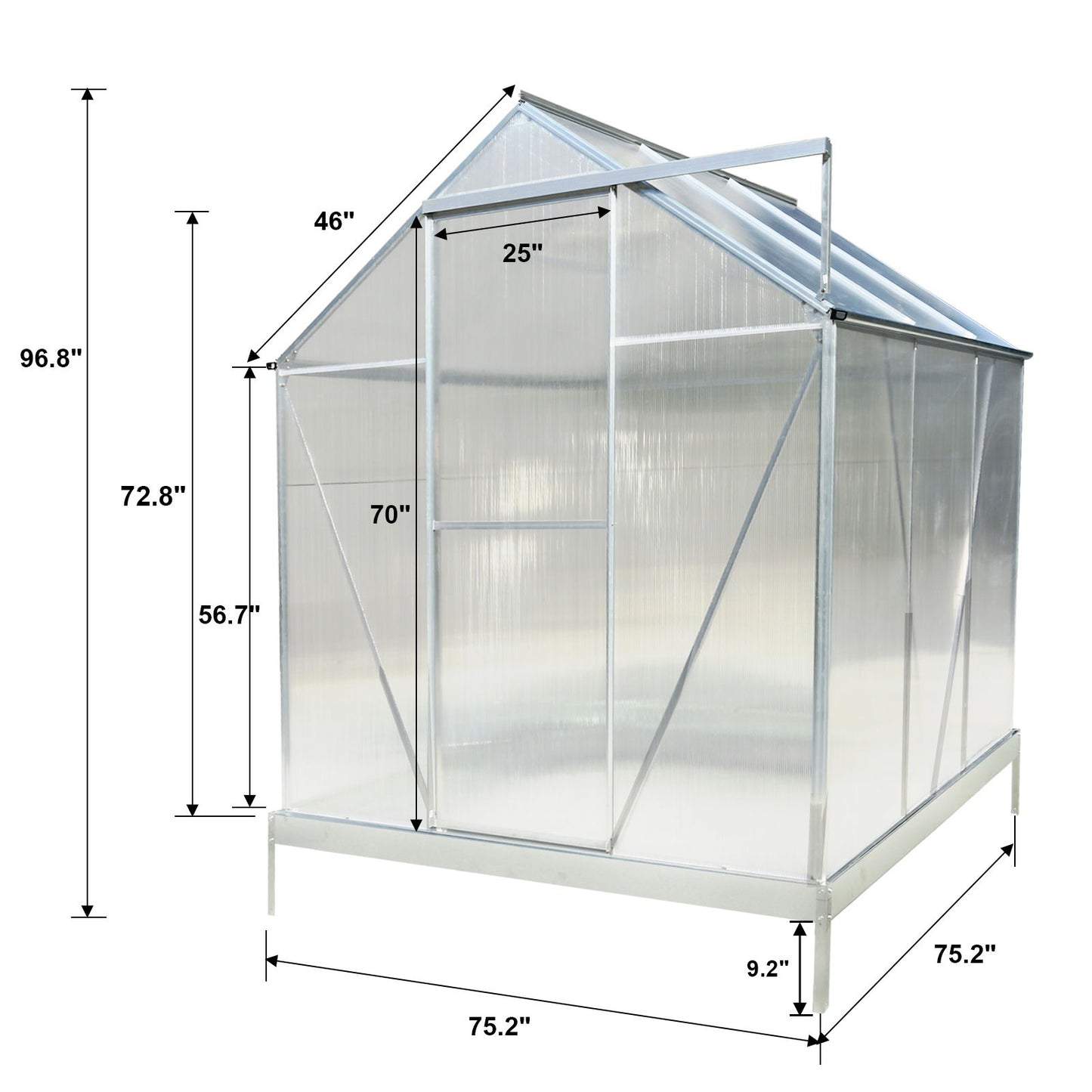 6.3'x6.2'x7' Polycarbonate Greenhouse, Heavy Duty Outdoor Aluminum Walk-In Green House Kit With Rain Gutter, Vent And Door For Backyard Garden - Aluminium