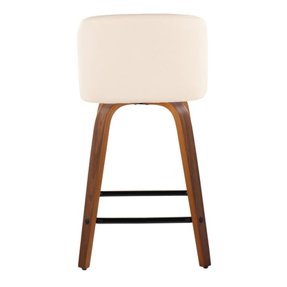 Toriano - Mid-Century Modern Fixed Height Counter Stool With Swivel With Square Footrest (Set of 2) - Walnut / Cream