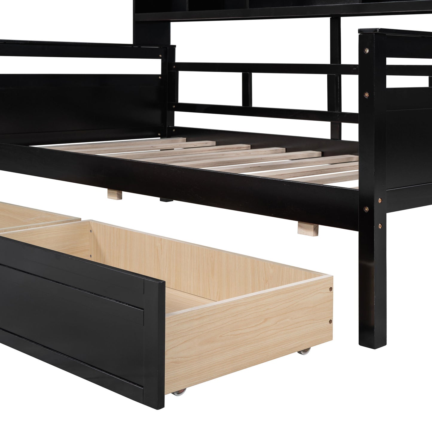 Twin Size Daybed, Slat Support, With Bedside Shelves And 2 Drawers - Espresso
