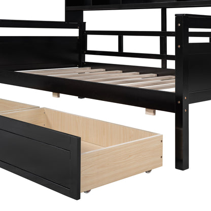Twin Size Daybed, Slat Support, With Bedside Shelves And 2 Drawers - Espresso