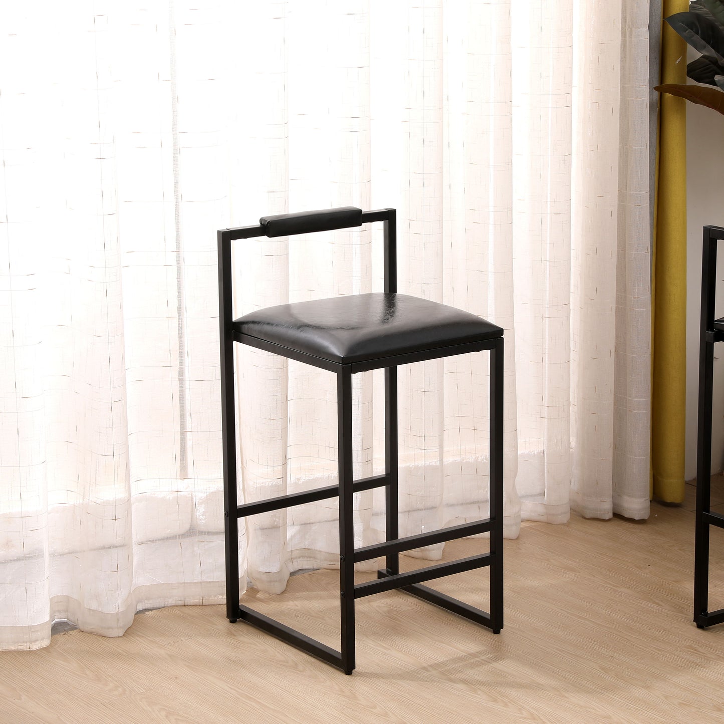 Elegant Bar Stool Set With Backrest And Footrest, Upholstered, Iron Frame, Counter Height - Black