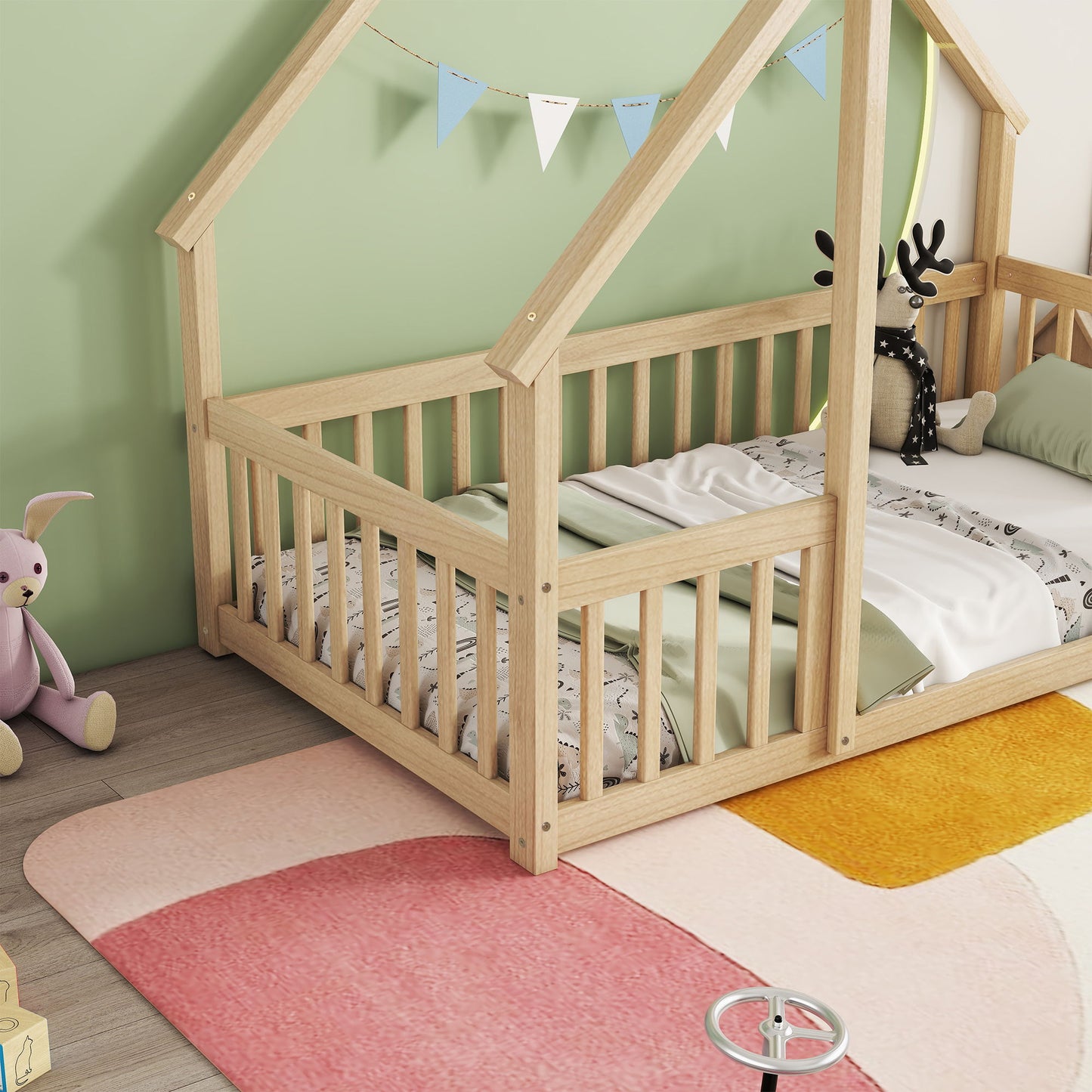 Twin Wood House-Shaped Floor Bed With Fence, Guardrails - Natural
