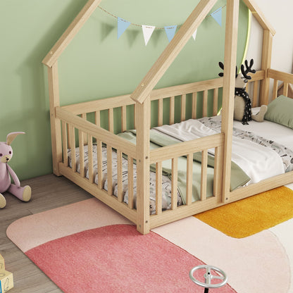 Twin Wood House-Shaped Floor Bed With Fence, Guardrails - Natural